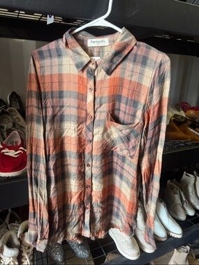 Impressions Navy & Orange Plaid Button-Up Shirt